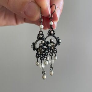 Dream Catcher Pearl Dangle Drop Earrings‎ Silver Victorian Vintage Renaissance
